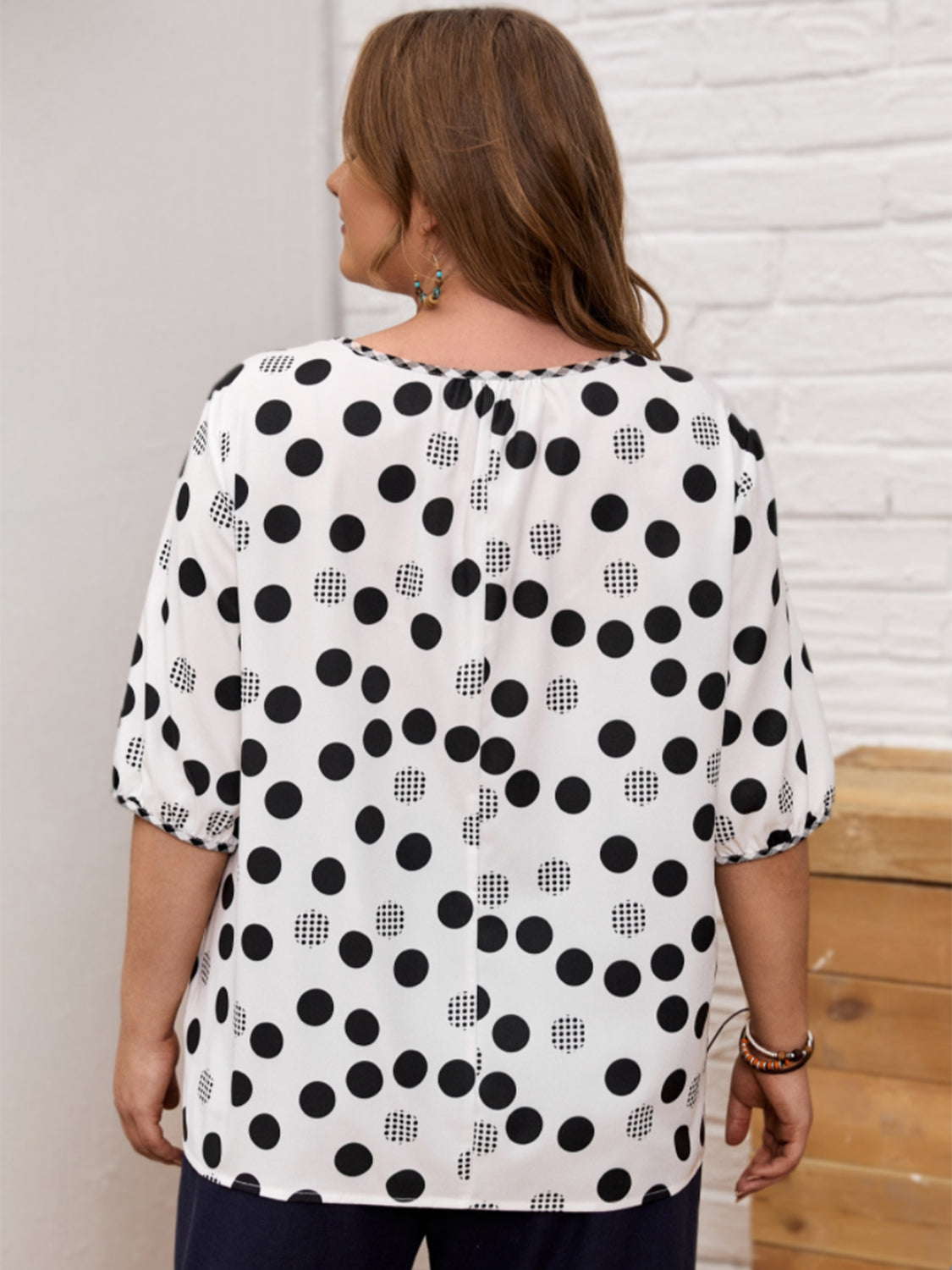 Plus Size Polka Dot Round Neck Half Sleeve Top