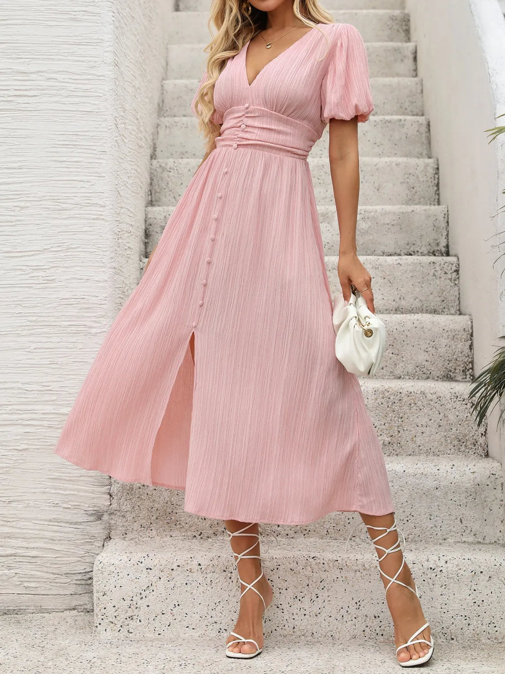 V-Neck Puff Sleeve Dress