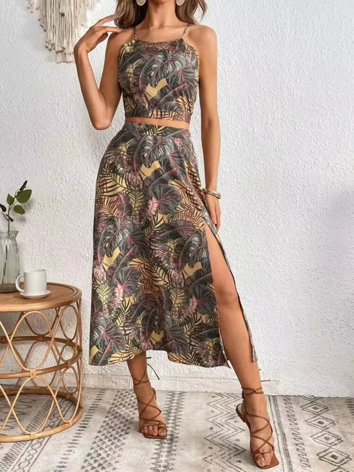 Sleeveless Printed Cami and Slit Skirt Set
