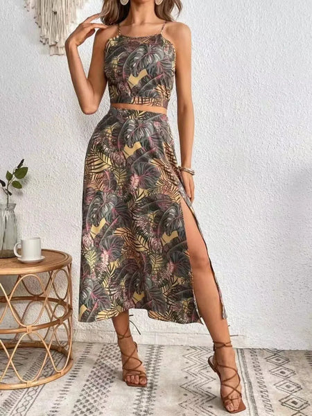 Sleeveless Printed Cami and Slit Skirt Set