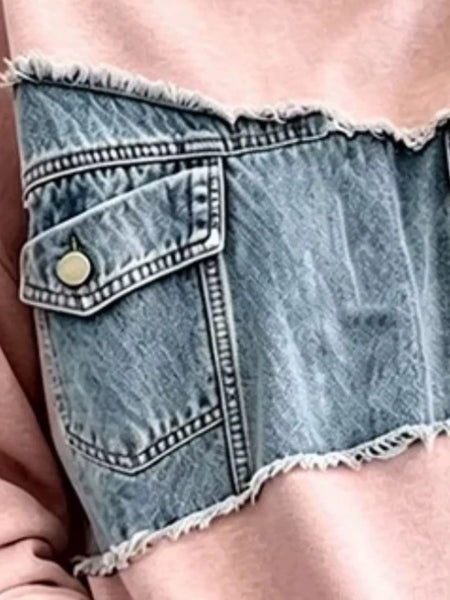 Long Sleeve Denim Patchwork Dropped Shoulder Sweatshirt