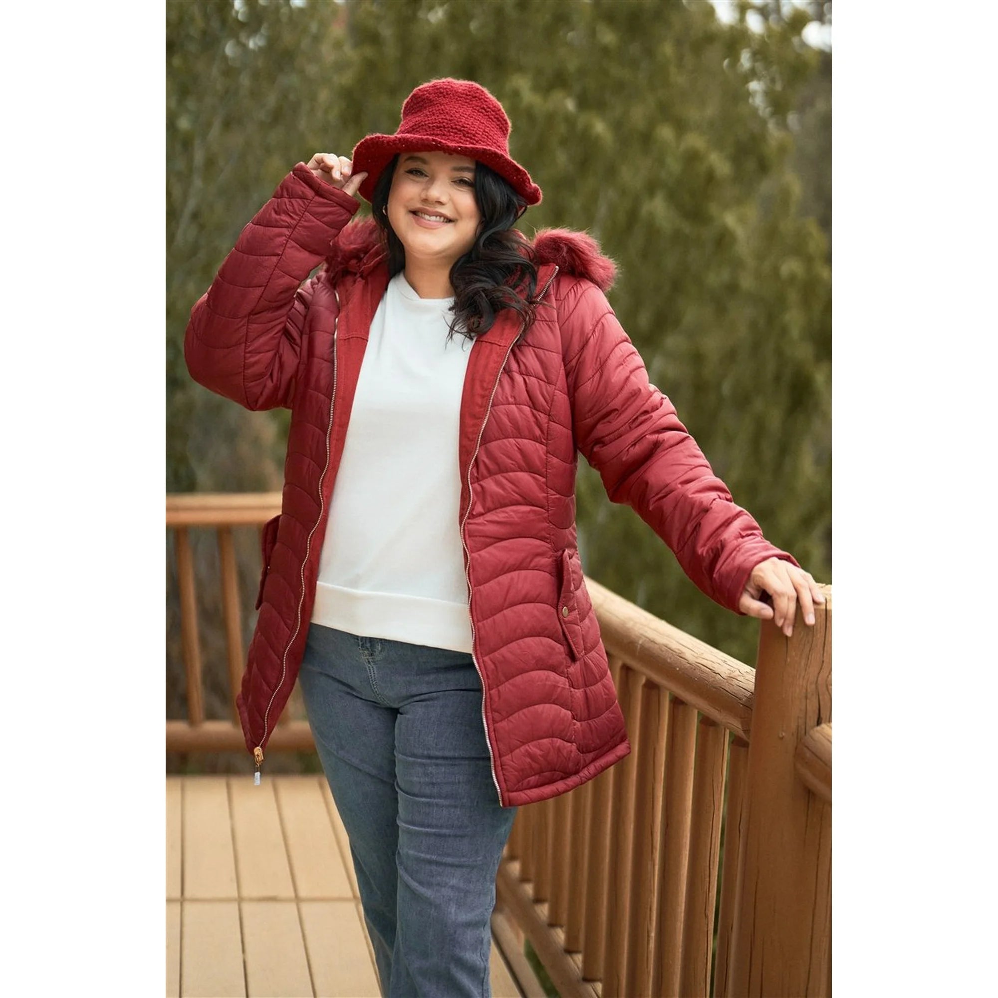 Plus Size Vegan Fur Double-sided Cotton Twill Parka & Puffer Jacket