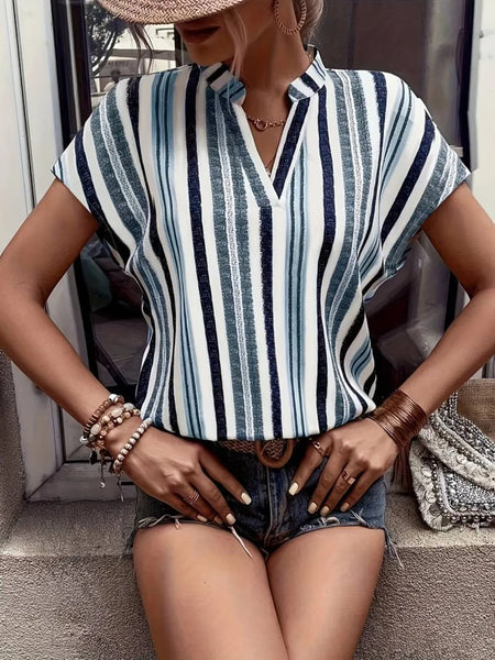 Short Sleeve Striped Notched Top