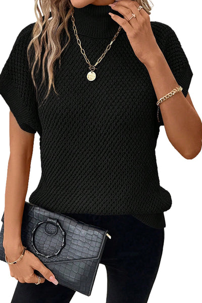 Short Sleeve Turtleneck Textured Black Sweater
