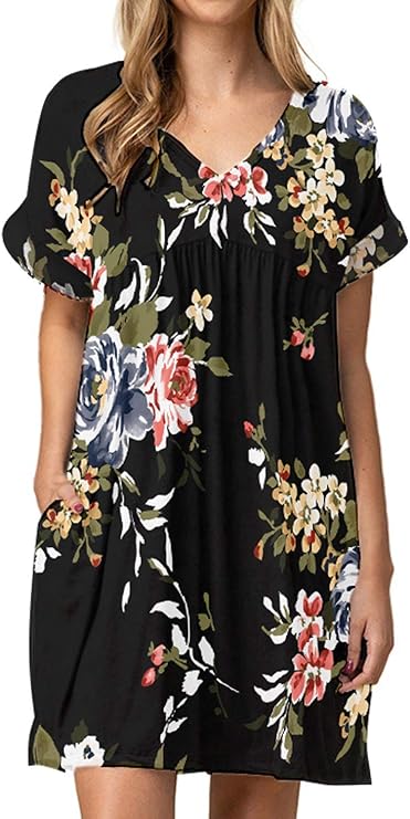 Plus Size Short Sleeve Black V Neck Mini Dress