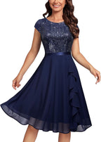 Missmay Cap Sleeve Glitter Sequin Ruffle Style Cocktail Prom Dress