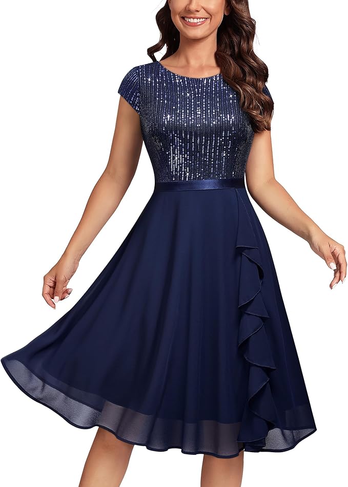 Missmay Cap Sleeve Glitter Sequin Ruffle Style Cocktail Prom Dress