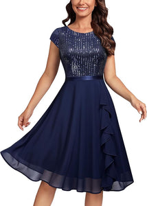 Missmay Cap Sleeve Glitter Sequin Ruffle Style Cocktail Prom Dress