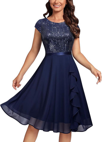 Missmay Cap Sleeve Glitter Sequin Ruffle Style Cocktail Prom Dress