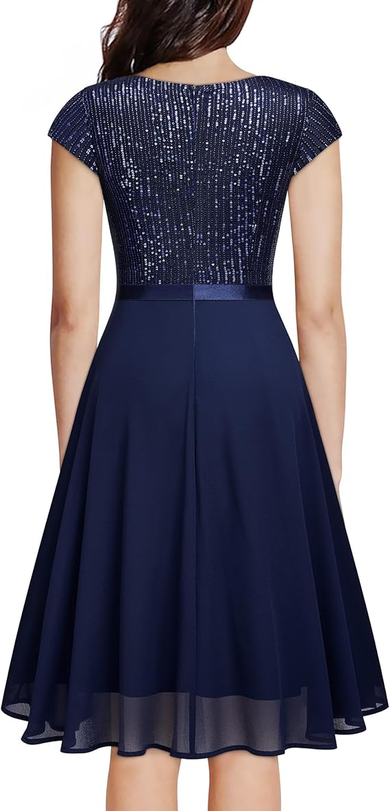 Missmay Cap Sleeve Glitter Sequin Ruffle Style Cocktail Prom Dress