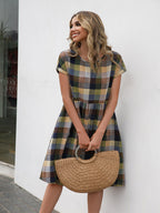 Cap Sleeve Plaid Round Neck Dress