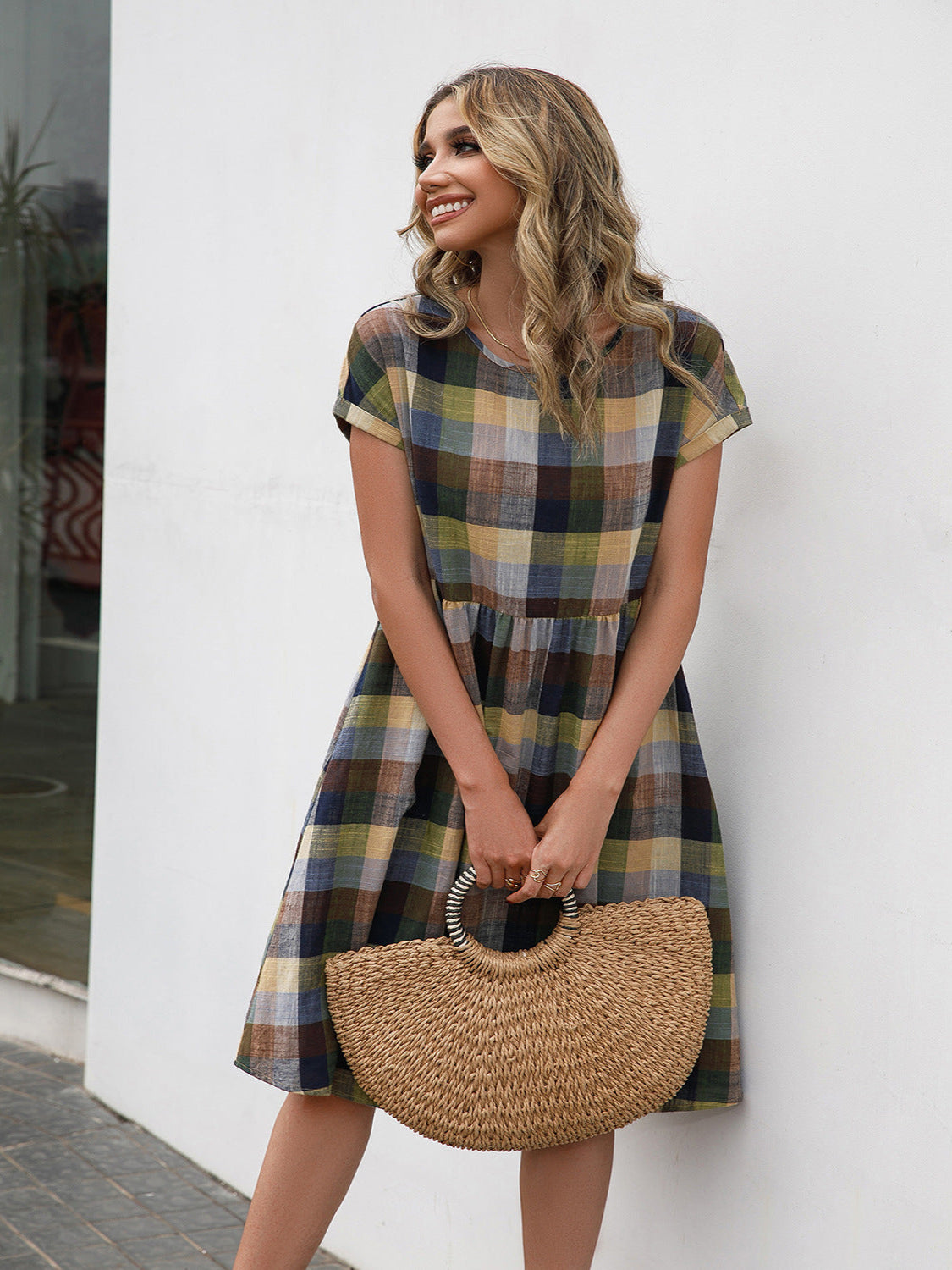 Cap Sleeve Plaid Round Neck Dress
