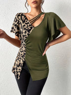 Short Sleeve Ruched Leopard Top