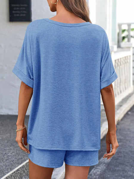 Short Sleeve Round Neck Drawstring Shorts Set