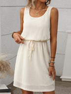 Sleeveless Waffle Knit Drawstring Mini Dress