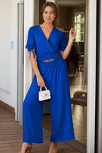 Surplice Short Sleeve V-Nek Top and Pants Set