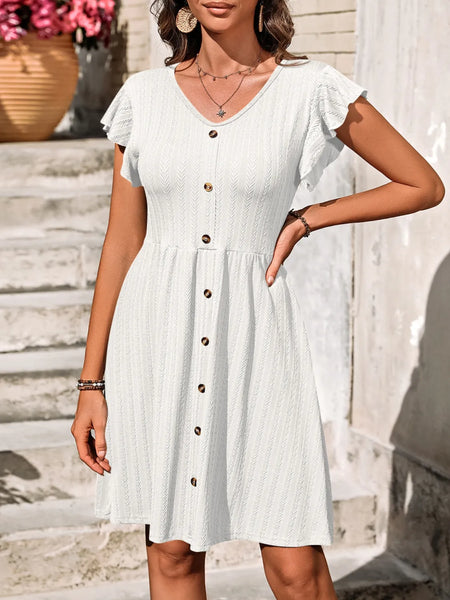 Women's V-Neck Ruffled Cap Sleeve Dress