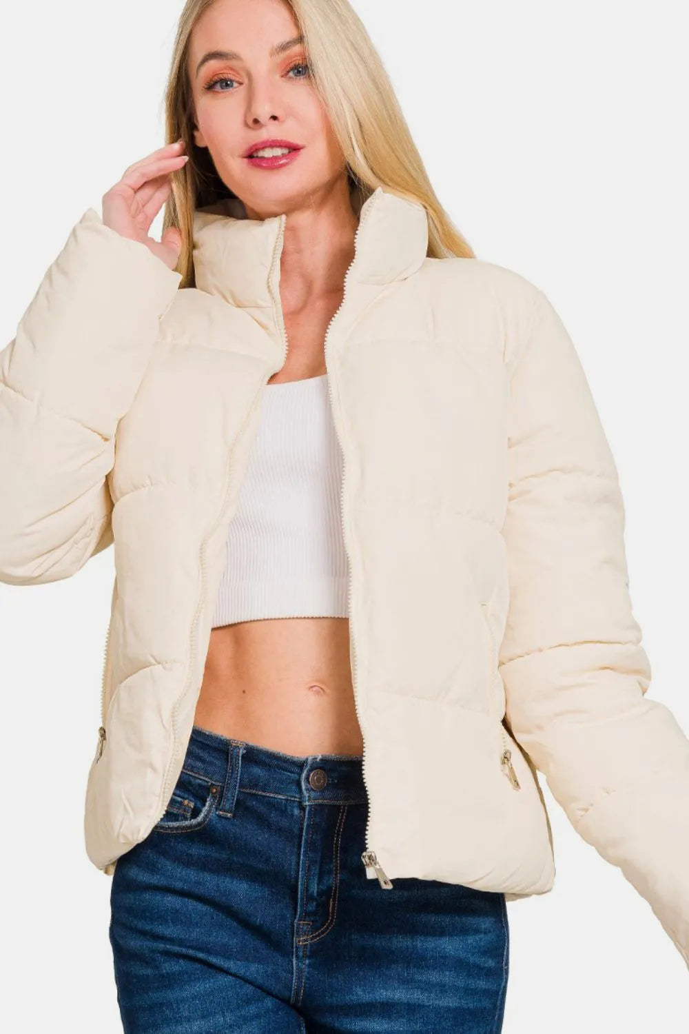 Zenana Zip Up Turtleneck Puffer Jacket with Pockets Cream
