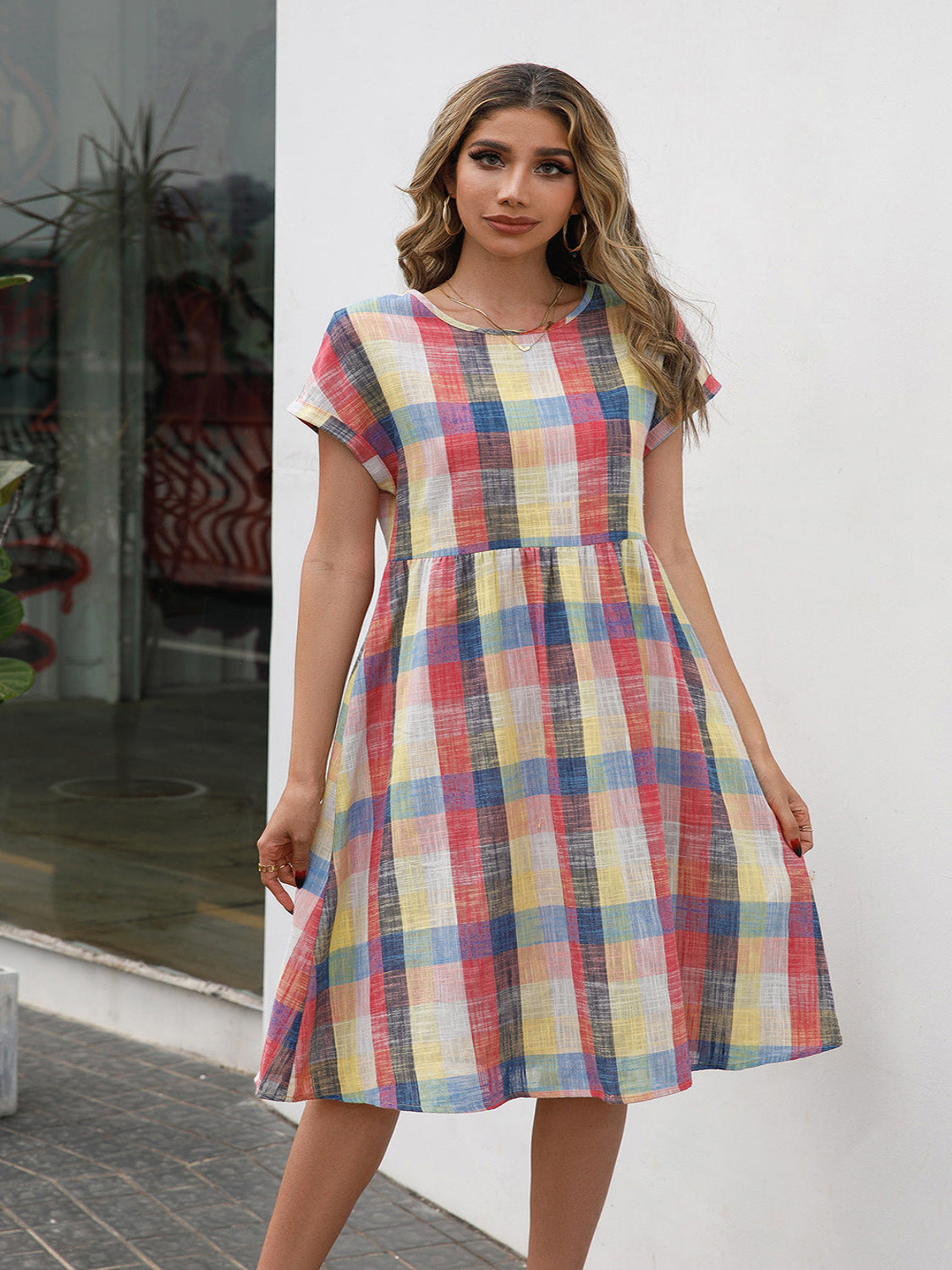 Cap Sleeve Plaid Round Neck Dress