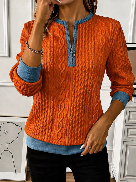 Denim Contrast Trim Quarter Zipper Sweatshirt