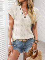 Short Sleeve Button Detail V-Neck Top