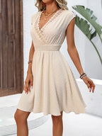 Lace Detail Surplice Neckline Cap Sleeve Mini Dress