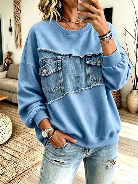 Long Sleeve Denim Patchwork Dropped Shoulder Sweatshirt