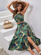 Sleeveless Printed Cami and Slit Skirt Set