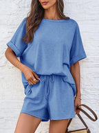 Short Sleeve Round Neck Drawstring Shorts Set