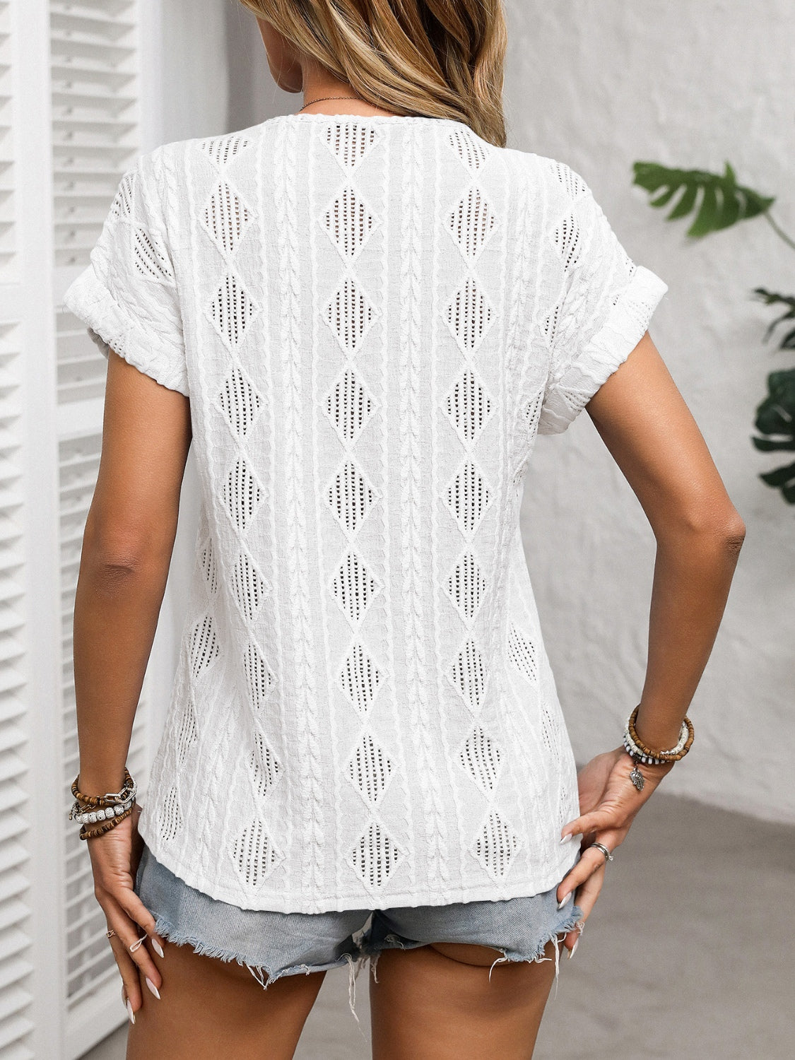 Short Sleeve Button Detail V-Neck Top