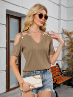 Short Sleeve V-Neck Cold Shoulder Top