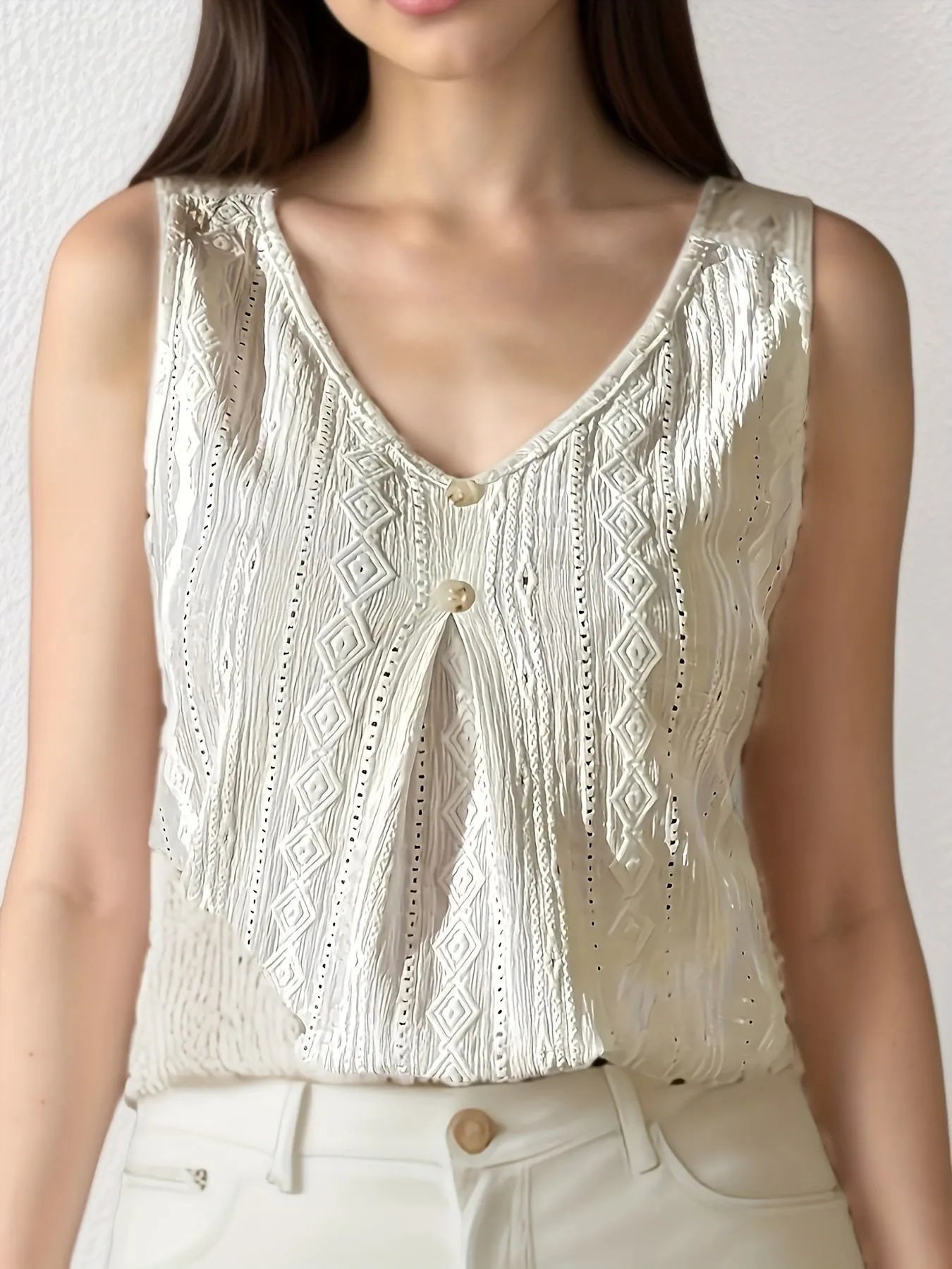 Sleeveless  Slightly stretchy Lace V-Neck Tank Top