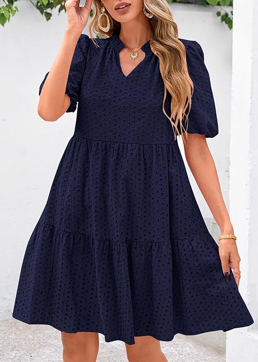 KIRUNDO Eyelet Summer Short Sleeve Lace Dresses With Pockets