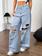 Distressed Wide Leg Ripped Jeans with Pockets