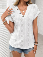 Short Sleeve Button Detail V-Neck Top