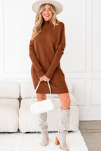 Long Sleeve Chestnut Ribbed High Neck Sweater Dress