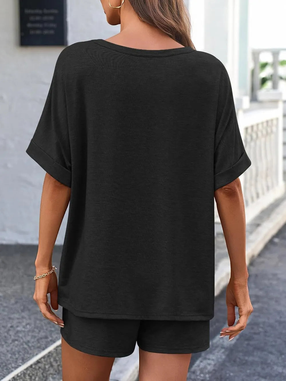 Short Sleeve Round Neck Drawstring Shorts Set