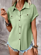 Short Sleeve Pleated Detail Collared Neck Shirt