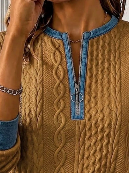 Denim Contrast Trim Quarter Zipper Sweatshirt