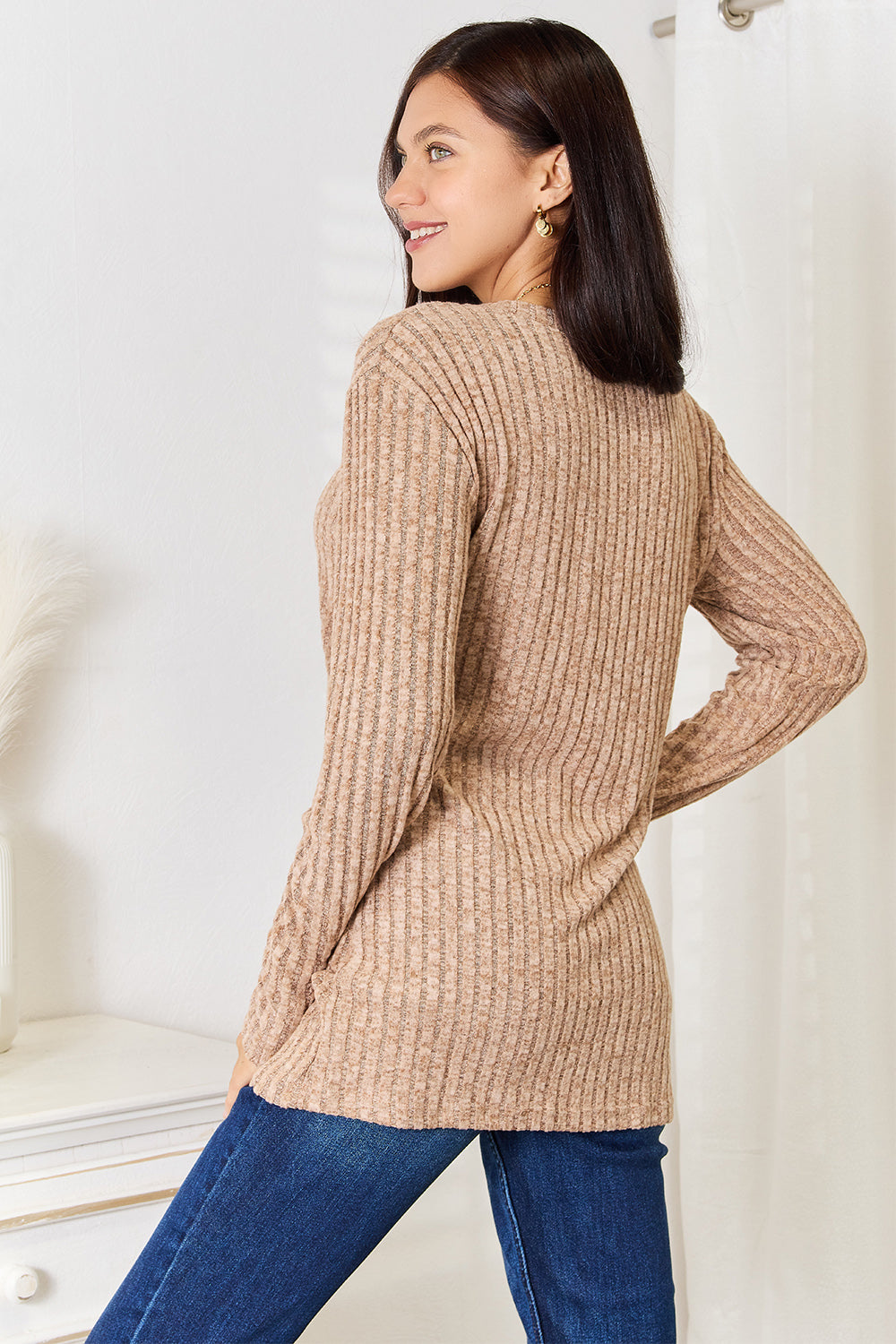 Long Sleeve Notched Neck Ribbed Top