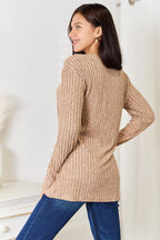 Long Sleeve Notched Neck Ribbed Top