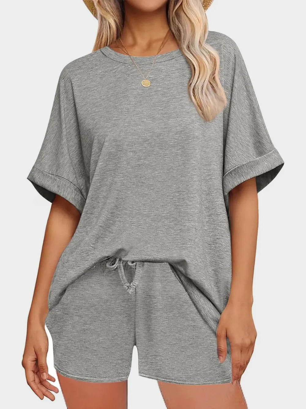 Short Sleeve Round Neck Drawstring Shorts Set