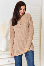Long Sleeve Notched Neck Ribbed Top