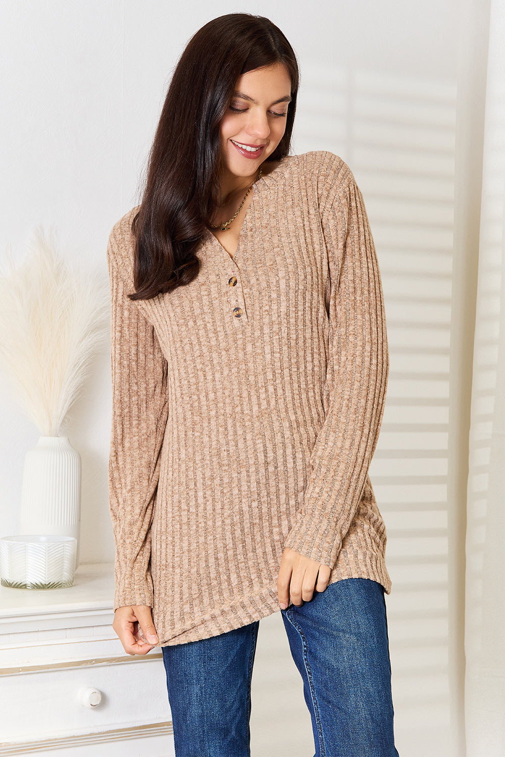 Long Sleeve Notched Neck Ribbed Top