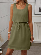 Sleeveless Waffle Knit Drawstring Mini Dress