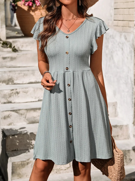 Women's V-Neck Ruffled Cap Sleeve Dress