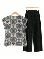 Cap Ruffled Seeve Top and Pants Set