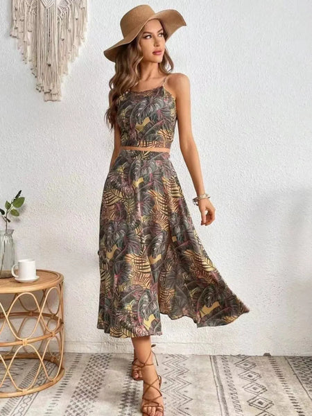 Sleeveless Printed Cami and Slit Skirt Set