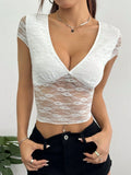 Cap Sleeve Plunge Lace Crop Top