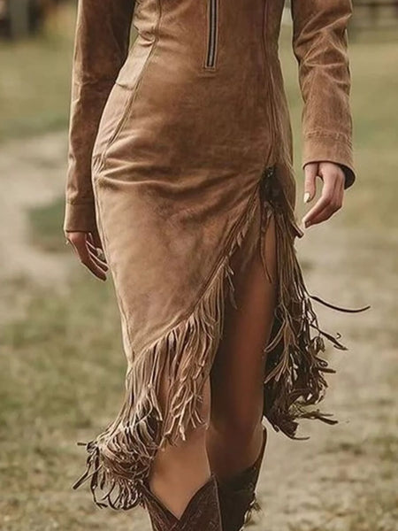 Long Sleeve Fringe Hem Zip Front Bodycon Dress